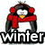A pixelated penguin wearing red headphones and a scarf stands above text reading 'winter', with polar bears in snowy backgrounds below.