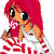 Pixelated cartoon character with red hair and orange skin in three animated frames showing mouth movement while holding a lollipop, wearing white top with red patterns and cherry emblem.