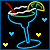 Pixelated cocktail glass with lime wedge and red straw, surrounded by blue and yellow hearts on black background.