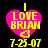Four identical pink heart-shaped icons with yellow text "I LOVE BRIAN" and a small heart symbol, each displaying the date "7-25-07" below in yellow pixelated font on black background.
