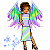 Pixelated animated buddy icon featuring a winged female character with rainbow wings and striped dress on left, next to green text logo 'Original Icons .com' on dark background.