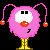 Pixel art contact sheet of a pink fuzzy character with yellow legs and red antennae balls across five animated frames showing facial expression changes.