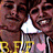 A pixelated image of two smiling people in a close pose with yellow text and pink hearts below them.