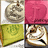 Four distinct pixelated images arranged in a 2x2 grid: a gray circular object with a brown stem, a pink rounded shape, a green triangular shape with green patterns, and a white and brown object with black accents.