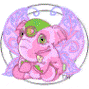 Three cartoonish elephant-like creatures with green headpieces sit in circular frames against patterned backgrounds.