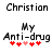 Pixelated text displays 'Christian' above 'My Anti-drug' with red and pink heart symbols below, showing two animation frames where the third heart shifts from light to dark red.