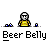 Animated contact sheet of a pixel art character with white hair and yellow shirt performing sequential arm movements above repeated text "Beer Belly" on gray background.