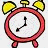 A pixelated red alarm clock with yellow bells and black hands on a white background, accompanied by text about bathroom door timing.