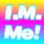 Pixelated text 'I AM. Me!' on a gradient background transitioning from yellow to pink to blue.