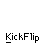 Pixelated character in blue shirt and gray pants performing a kickflip on a skateboard, with text "KickFlip" below.