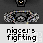 Pixelated cartoon figures in blue and yellow clothing fight on a gray background with repeated text below.