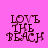 A four- of pixelated text 'LOVE THE BEACH' on a pink background with cyan horizontal bars in different positions