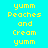 Pixelated text 'yumm Peaches and Cream yumm' on cyan background with orange highlight bars shifting across lines.