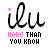 16 identical 'ilu' text icons with varying color schemes and small accent dots above the letters, each paired with 'MORE THAN YOU KNOW' text below