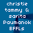 Blue background with white pixelated text reading 'christie tammy & sarita Paumanok BFFLs' in two identical vertical , each with a dark blue vertical blur effect