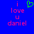 Blue background with pink pixelated text reading "i love u daniel" and a green pixelated heart symbol above the text.