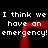 Black background with white pixelated text repeating 'I think we have an emergency! emergency!' and a red rectangular outline that shifts position across frames.