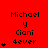 Red background with black text "Michael y Ciani 4ever" and varying numbers of small black heart symbols in a