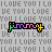 Pixelated text 'jimmy' in rainbow colors on a gray background with repeated 'LOVE YOU' patterns, animated color shifts across frames.