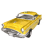 Yellow vintage sedan with gray accents viewed from front-left angle, displayed in four showing slight rotation