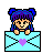 Pixel art character with blue-purple hair in twin buns peeks over a light blue envelope with a purple heart symbol.