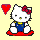 Pixelated Hello Kitty character with red bow and blue overalls sits on red base, surrounded by text reading 'Thank You!', 'Rim-walker', 'For being my Charm Pal!' against yellow background.
