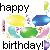 Pixelated static image with 'happy' text top, 'birthday!' bottom, and colorful speech bubbles in the center.