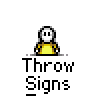 A 3x2 contact sheet of six animated frames showing a yellow stick figure performing various hand gestures with the text "Throw Signs" beneath each frame.