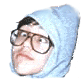 A person wearing a light blue hooded garment and round eyeglasses appears in multiple poses across four of images