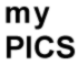 Black-and-white animated sequence showing 'my PICS' text and camera icons transitioning between solid and transparent states.