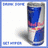 Yellow background with a blue-bordered image of a Red Bull can and red pixelated text reading 'my friend must drink' and 'red bull she keeps talking'.