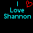 Pixelated text and symbols on black background: cyan 'I' and 'Love Shannon' with red heart symbol above 'Love'.