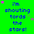 Green background with repeated blue text 'i'm shouting tords the stars!' and scattered pink and green stars.