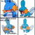 Four static pixelated images of a blue cartoon character with orange cheeks and pink mouth, arranged in a 2x2 grid on white background.