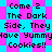 Pixelated text on a blue and pink checkered background with repeated phrases about cookies and the dark side.