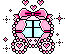 Pixel art of a pink carriage with heart-shaped wheels, light blue windows, and a large bow on top, surrounded by floating hearts and sparkles.