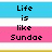 Pixelated text on a striped background with blue, white, pink, and yellow horizontal bands.