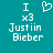 Pixelated teal background with white text and symbols: 'I', 'x3', 'Justiin Bieber', and a heart symbol in two states.