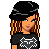Pixel art contact sheet showing multiple frames of a female character with long brown hair, black beret, and black t-shirt with white design, alongside text elements in pink.