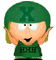 Pixelated cartoon character with green hair and glasses, wearing a dark green shirt with 'HHS' text, hands near face in two poses.