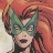 A pixelated portrait of a person with dark hair wearing a green mask covering the eyes and nose, set against a warm-toned background with red and orange hues.