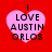 Four identical pink heart-shaped icons with black text on a red background, each displaying 'I LOVE AUSTIN ORLOS' in pixelated font.