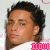 nine pixelated images showing a person with dark curly hair and light skin, each with pink text below the head