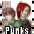 Pixelated character with red hair and green top, displayed in a repeated pattern with black-and-white film strip border and 'Punks' text at bottom.