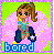 Pixel art icon of a cartoon girl with brown hair in a ponytail, wearing a teal top and dark blue pants, standing against a pink background with green border and yellow sparkles, with the word 'bored' at bottom.