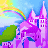 A 3x3 contact sheet of a pixelated animated icon featuring a purple castle with spires, green trees, and a rainbow against a blue sky background.