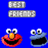 Blue background with two pixelated rectangular text boxes above two Sesame Street character icons: Elmo on the left and Cookie Monster on the right.