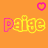 Pixelated orange background with yellow-outlined pink text 'paige' and four small pink hearts in corners, showing animation changes across frames.