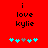 Red background with black text 'i love kylie' and a of five pixelated icons below, two cyan plus signs on the left, one gray plus sign in the center, and three cyan plus signs on the right