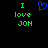 Green pixelated text "I love JON" appears on both sides of a blue heart symbol against a black background.